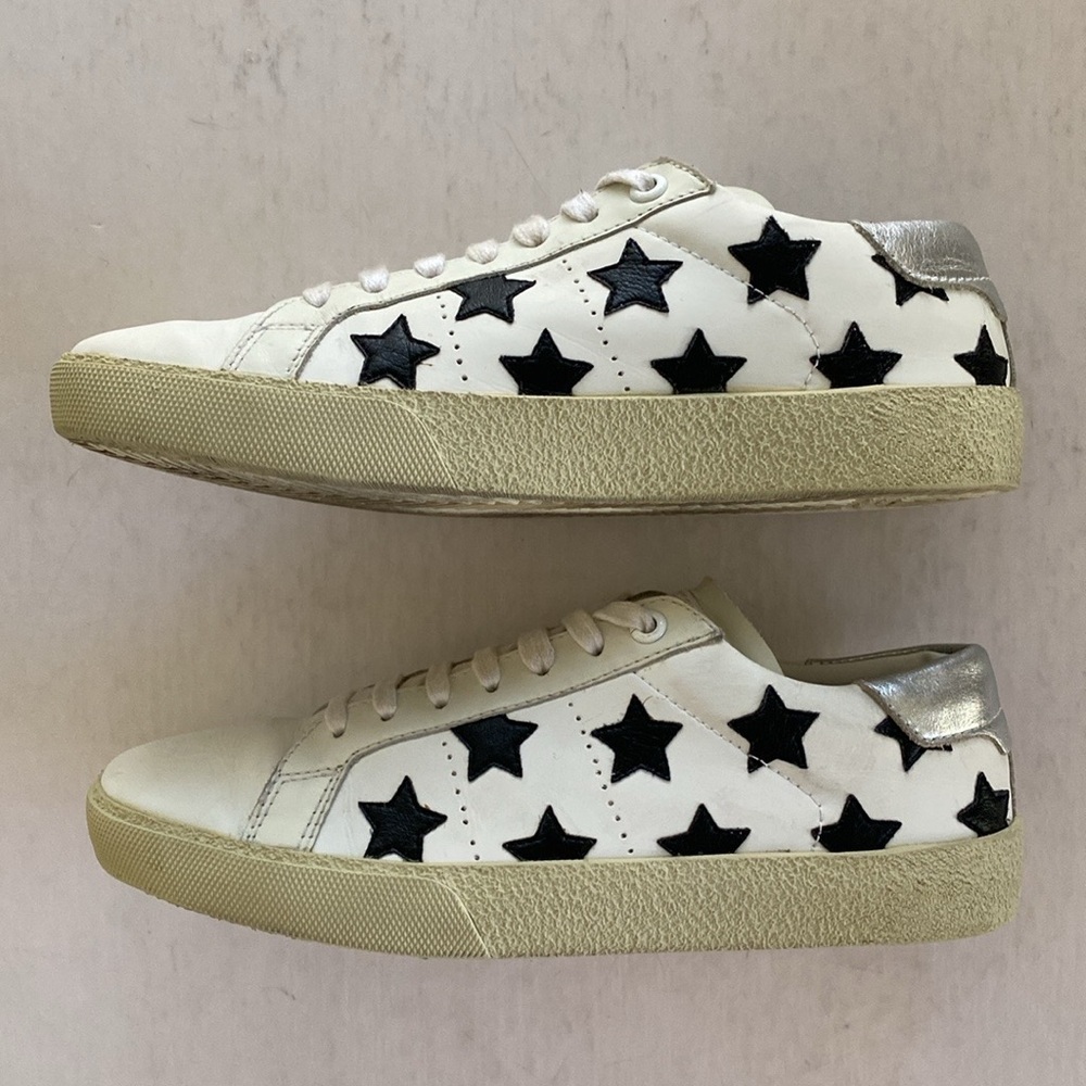 Saint Laurent Court Classic Buffed Calf Skin Leather Star Sneakers Size 36